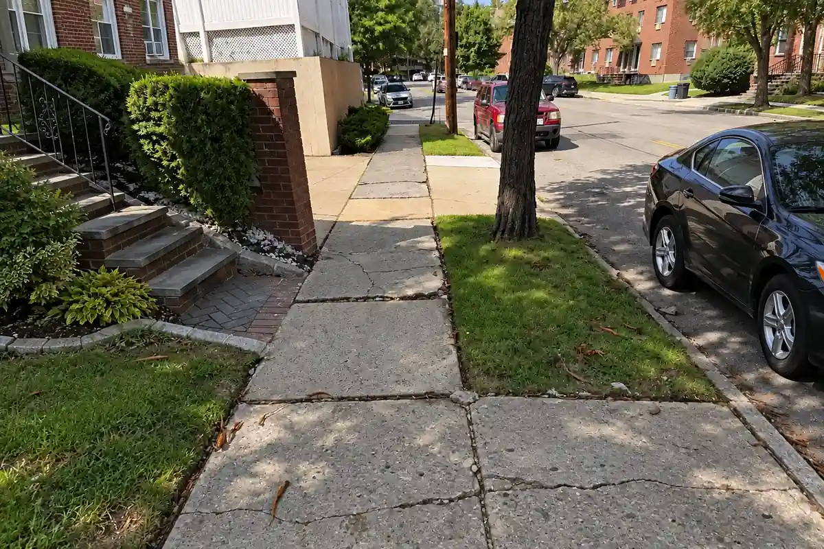Tree-root damaged sidewalk slabs in Whitestone, Queens before repair