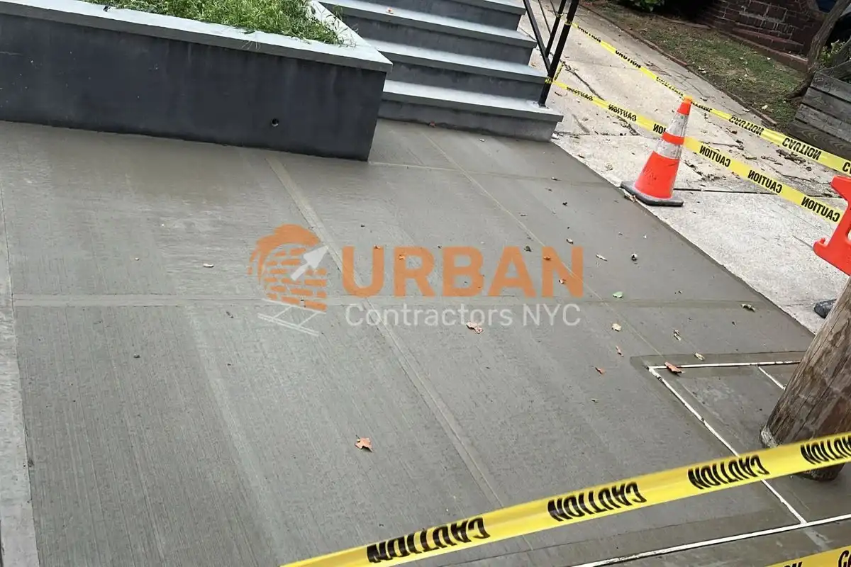 A newly constructed concrete sidewalk in New York City with a smooth and clean finish, built to meet city safety and DOT compliance standards.