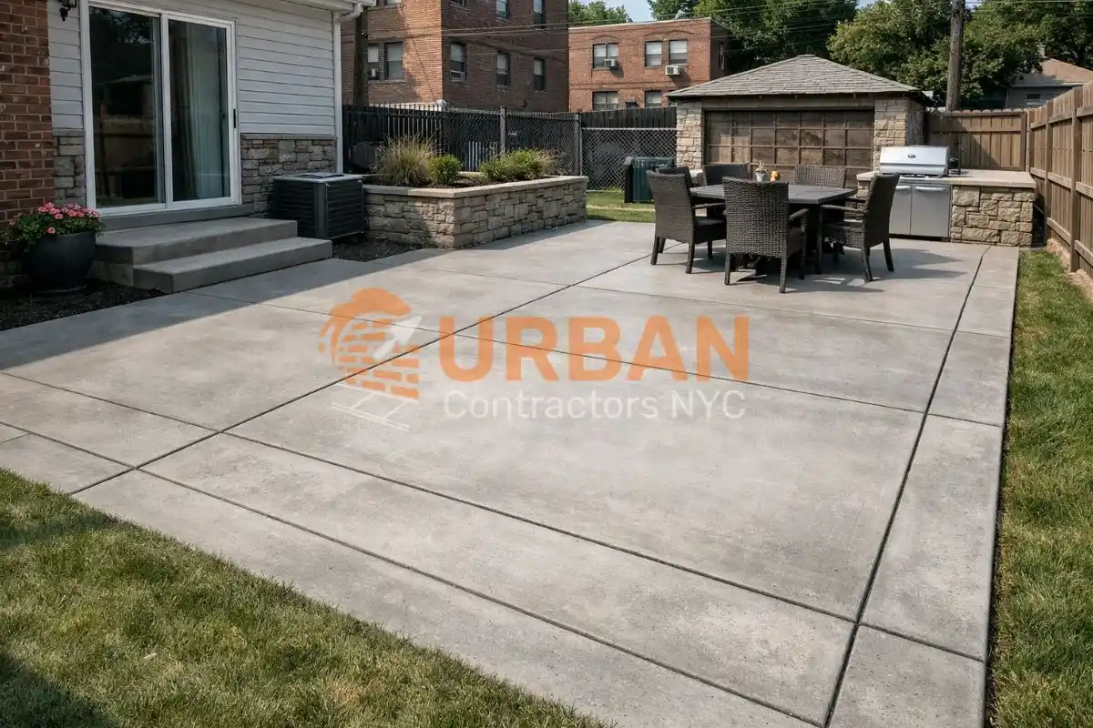 Freshly repaired concrete patio in front of main house door with clean finish and smooth surface