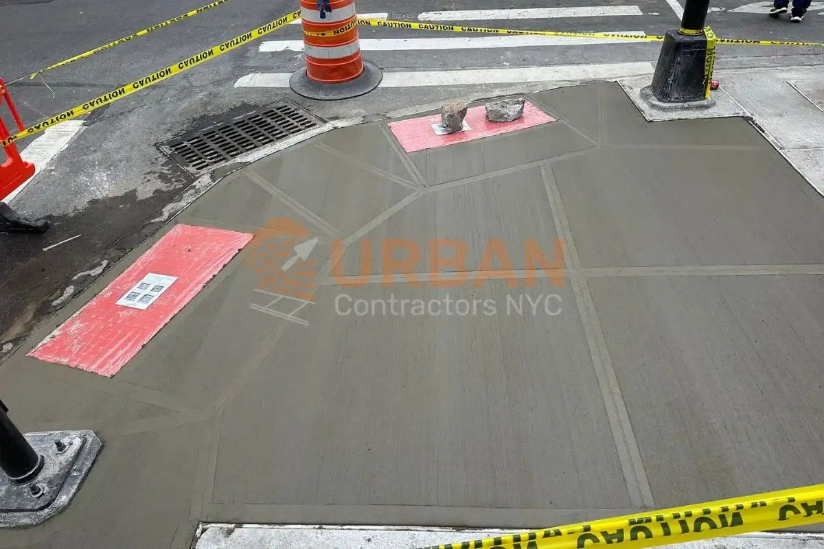 A newly installed sidewalk in NYC, highlighting proper concrete work and compliance with city regulations.