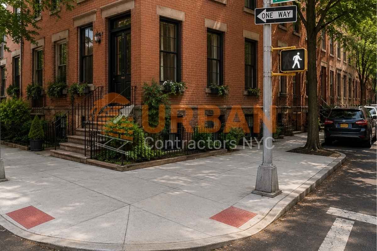 Corner property sidewalk in NYC showing two street frontages